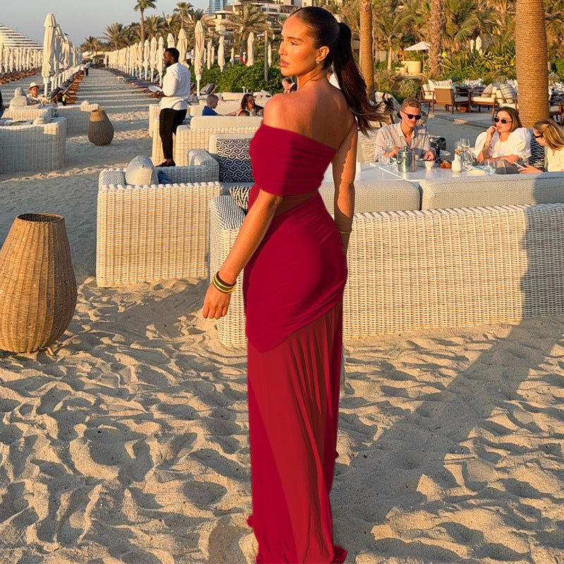 Women Clothing Summer off Neck Mesh Stitching Sexy Slim Fit Pleated Dress
