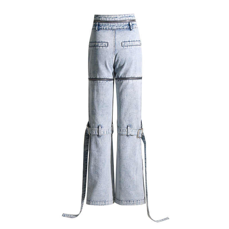 Women's High-Waist Denim Straight Leg Trousers with Patchwork Pockets-Slay Eclectic