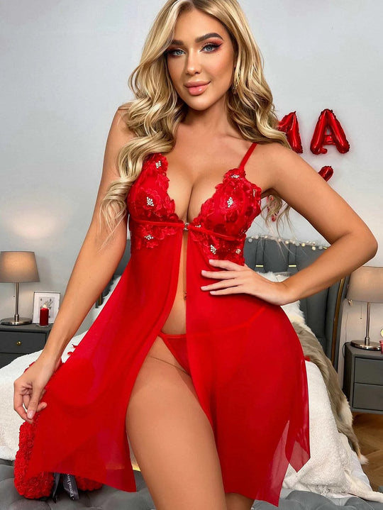 Luscious Red Lace Embroidered Nightwear Set