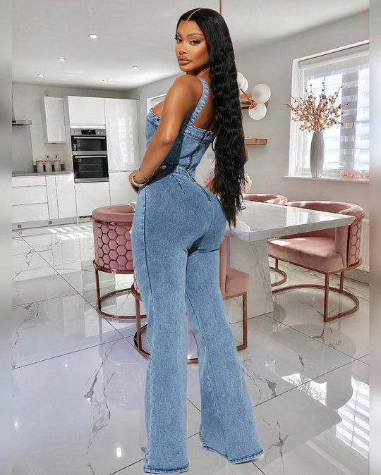 Slim Fit Washed Denim Suspender Jumpsuit for Women-Slay Eclectic