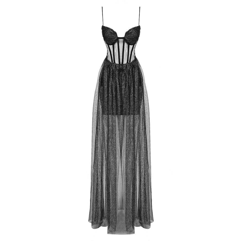 Patchwork Suspender Maxi Dress - Black