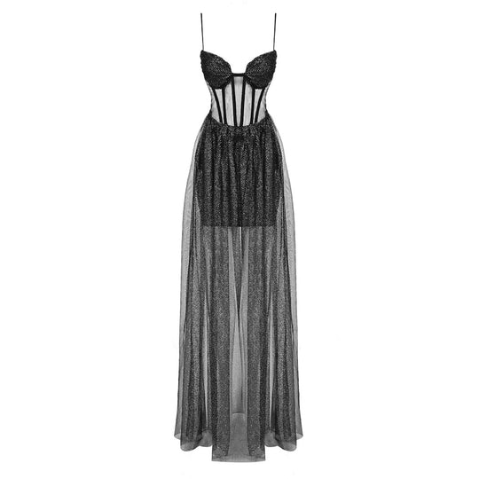 Patchwork Suspender Maxi Dress - Black