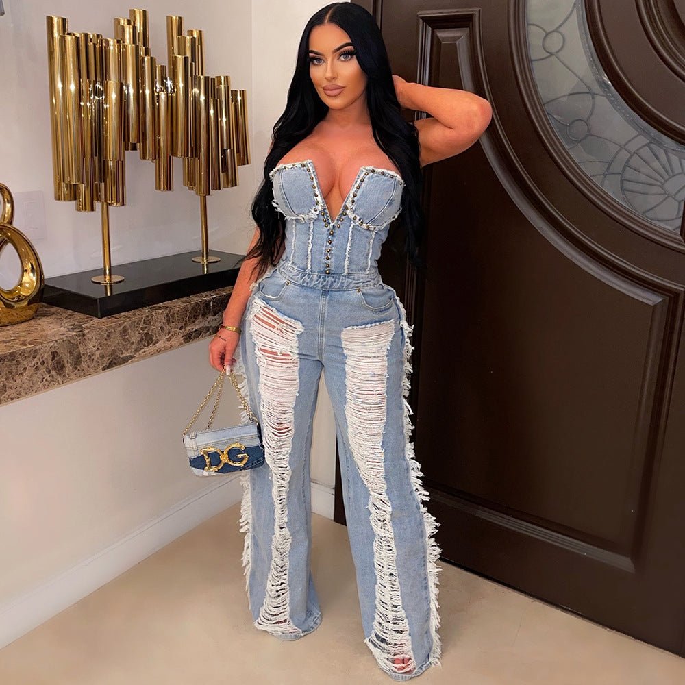 Sizzling Summer Cutout Denim Jumpsuit with Ripped Details for Women-Slay Eclectic