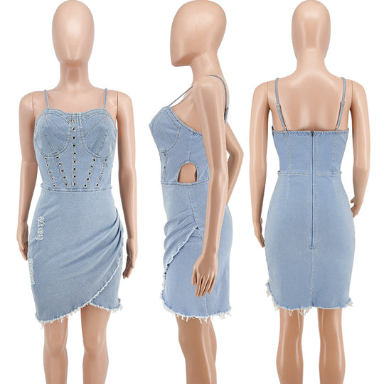 Sleeveless Denim Dress with Sweetheart Cutout-Slay Eclectic