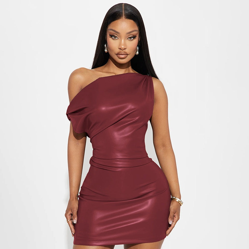 Asymmetrical Faux Leather Bodycon Dress for Women - Perfect for Nightclubs and Parties