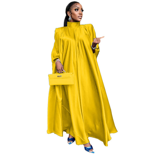 Women Wear High Collar Loose Large Swing Djellaba Satin Dress Women Clothing-Slay Eclectic