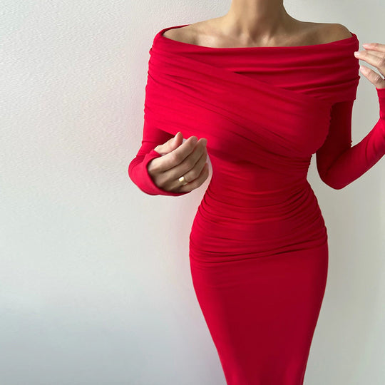 Red Off-Shoulder Long Sleeve Bodycon Dress for Women - Elegant Retro Style-Slay Eclectic