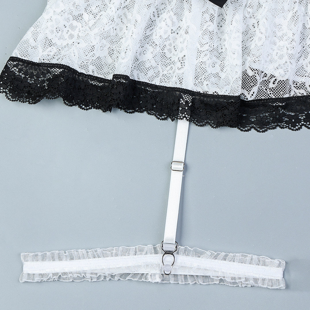 Charming Lace Bow-Embellished Black & White Lingerie Set for Flirty Appeal