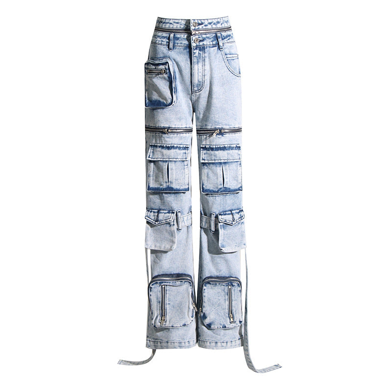 Women's High-Waist Denim Straight Leg Trousers with Patchwork Pockets-Slay Eclectic