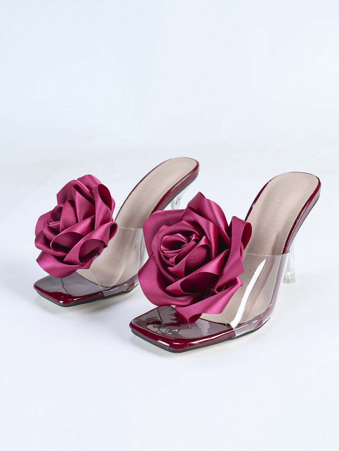 Ladies Sandals High Heel Square Head Master Three Dimensional Floral Stiletto Heel Slippers
