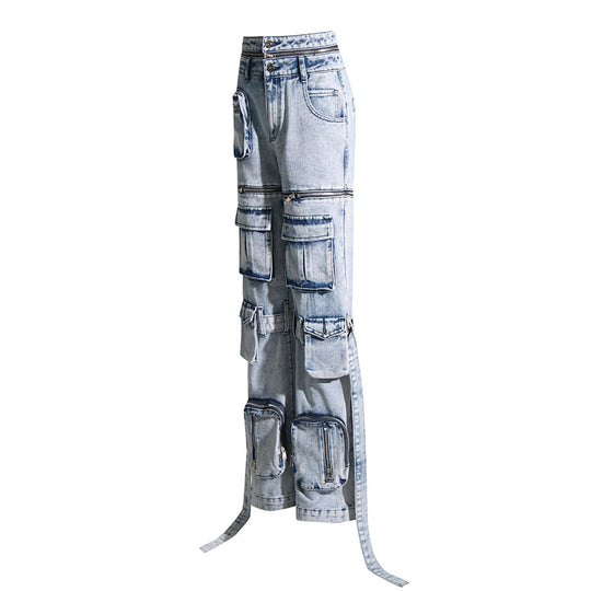 Women's High-Waist Denim Straight Leg Trousers with Patchwork Pockets-Slay Eclectic