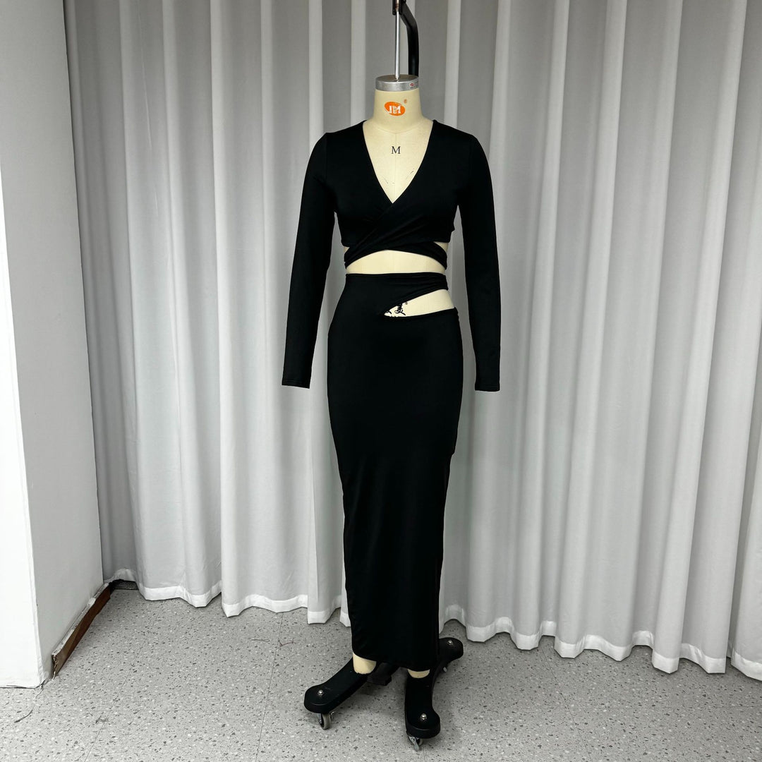 V-Neck Hollow Out Two-Piece Set for Women - Elegant Crop Top and Maxi Skirt-Slay Eclectic