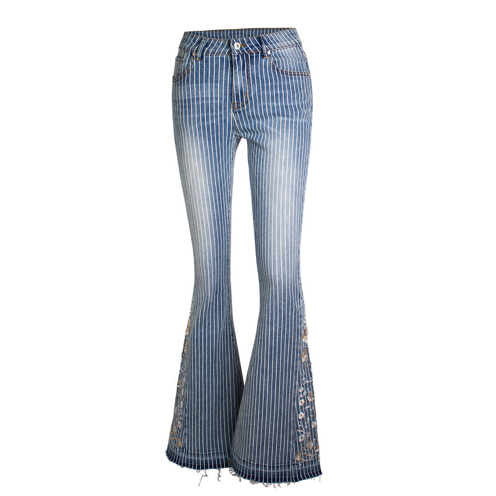 Striped Embroidered Flared Jeans for Women-Slay Eclectic