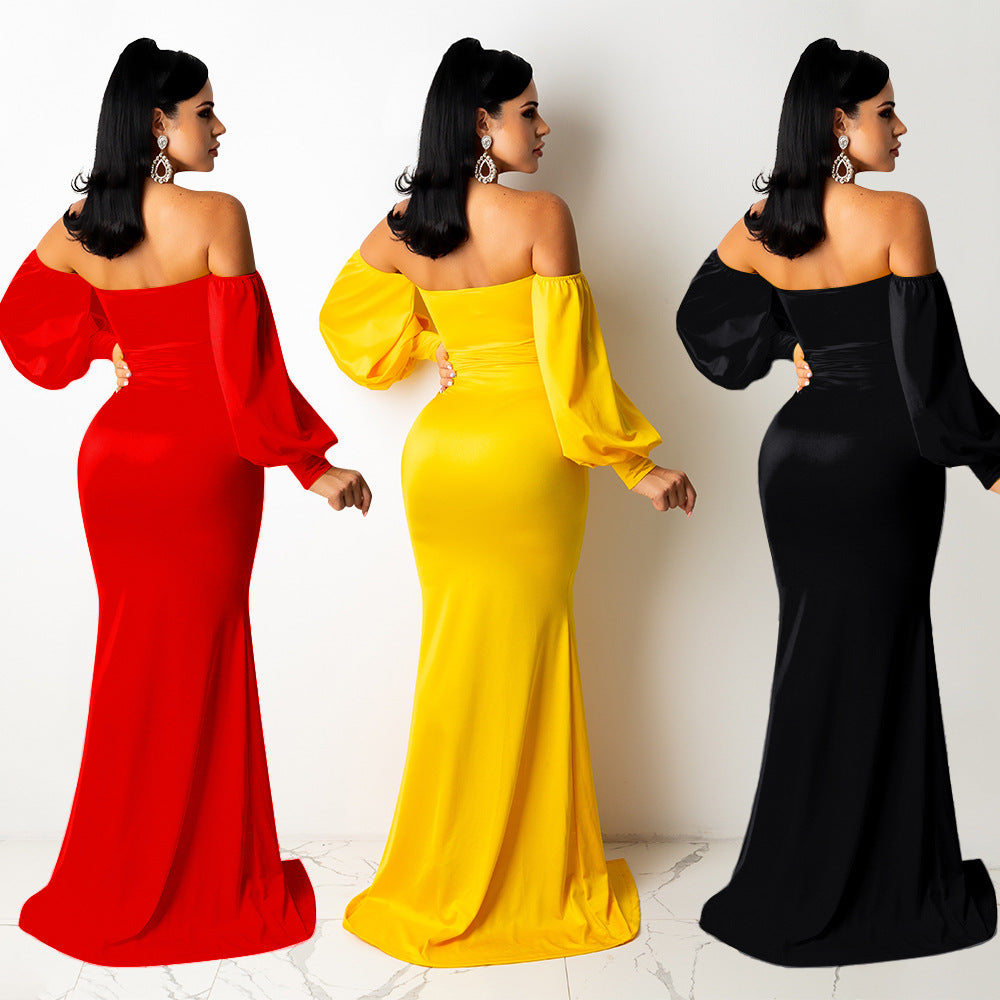 Elegant Off-Shoulder Maxi Dress for Women - Sexy Solid Color Nightclub Style