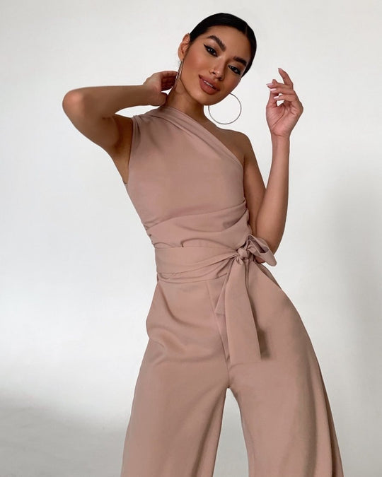 Asymmetric Grace One Shoulder Jumpsuit - Elegant Khaki** (**please see shipping policy)