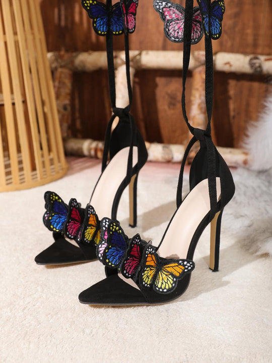 Summer Sandals Heels Sandals Embroidered Women Butterfly Decorative Stiletto Heel Lace up Sandals