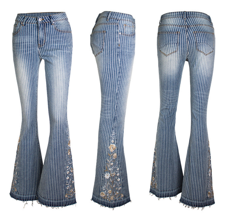 Striped Embroidered Flared Jeans for Women-Slay Eclectic