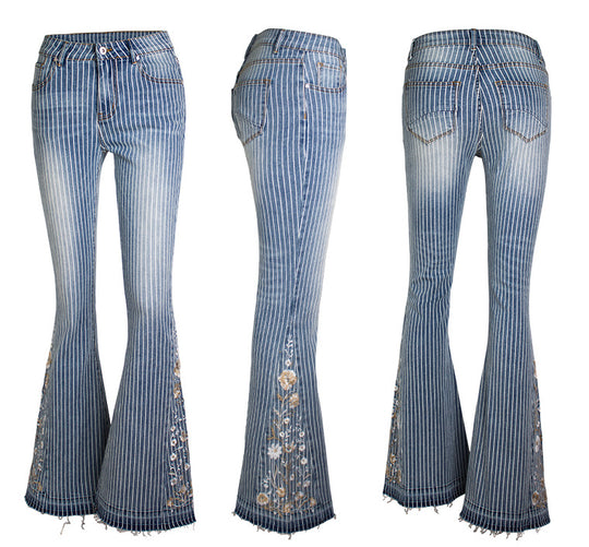 Striped Embroidered Flared Jeans for Women-Slay Eclectic