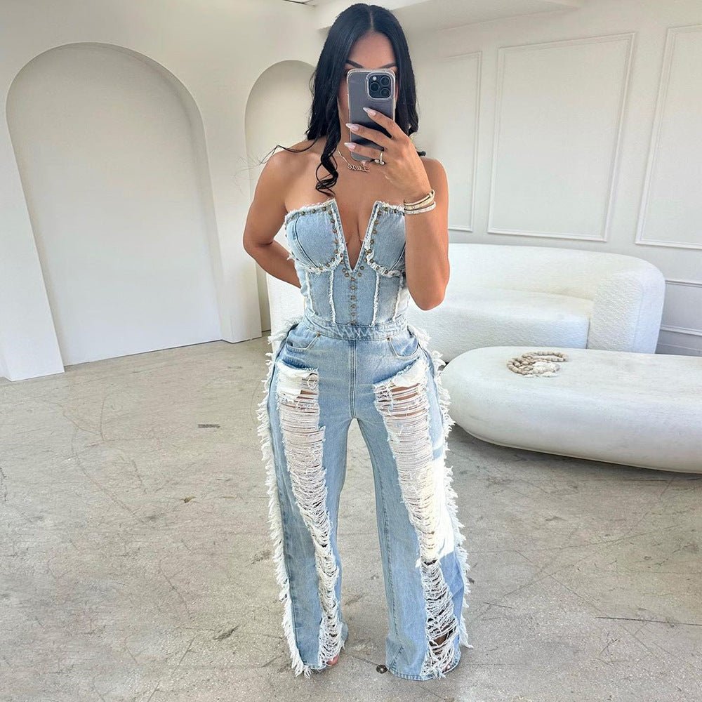 Sizzling Summer Cutout Denim Jumpsuit with Ripped Details for Women-Slay Eclectic