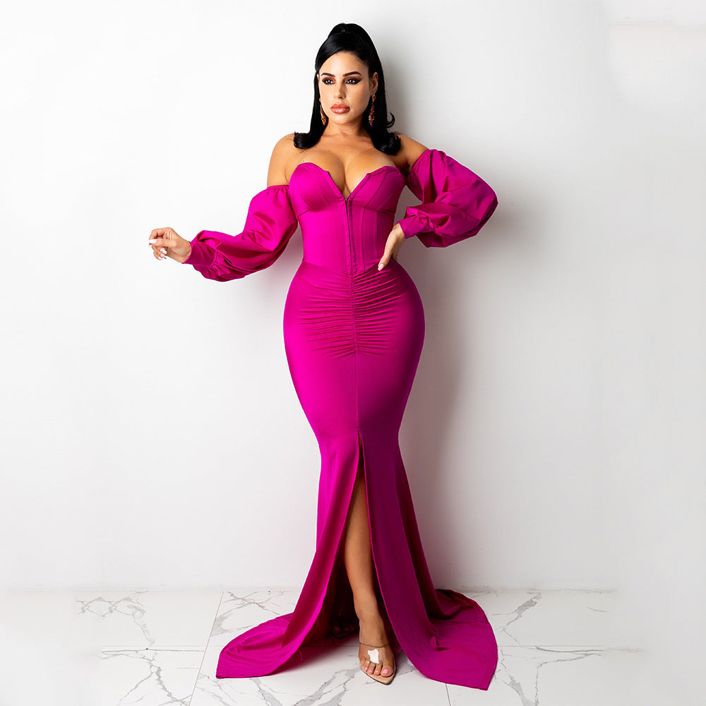 Elegant Off-Shoulder Maxi Dress for Women - Sexy Solid Color Nightclub Style