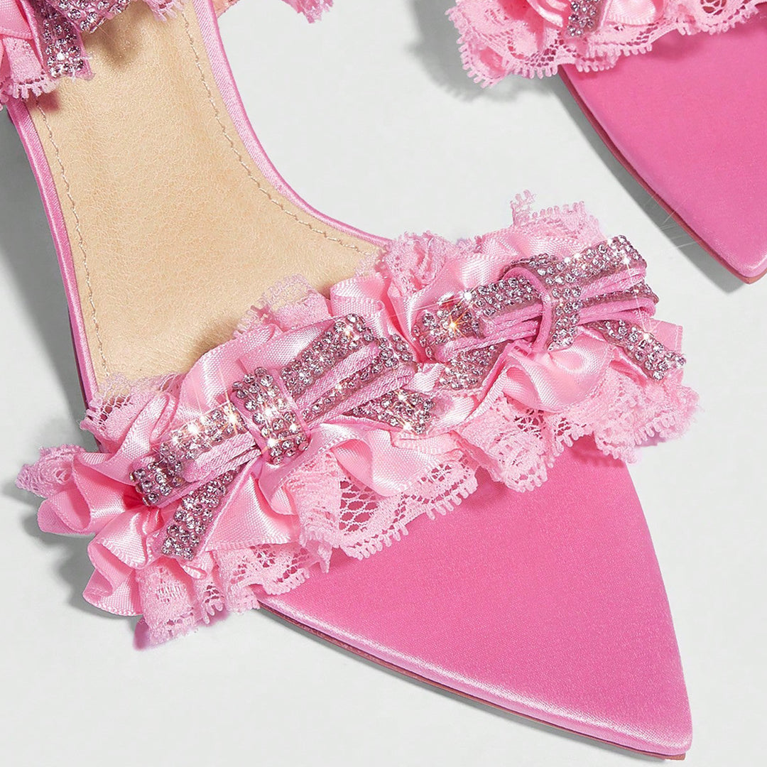 Mach Pink Lace up Stiletto Heel Pointed Sandals 8.5cm Heels Bowknot Women Shoes