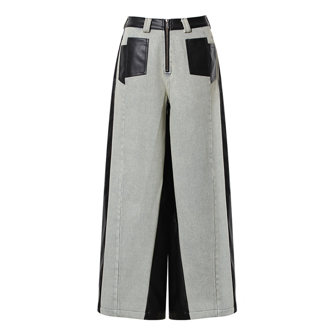 Retro Color Block Wide Leg Denim Pants for Women - Thick Casual Winter Style-Slay Eclectic