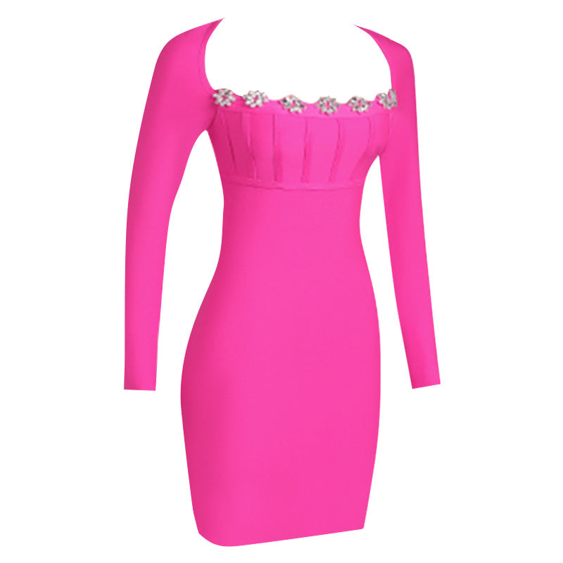 Square Collar Bandage Mini Dress - Pink