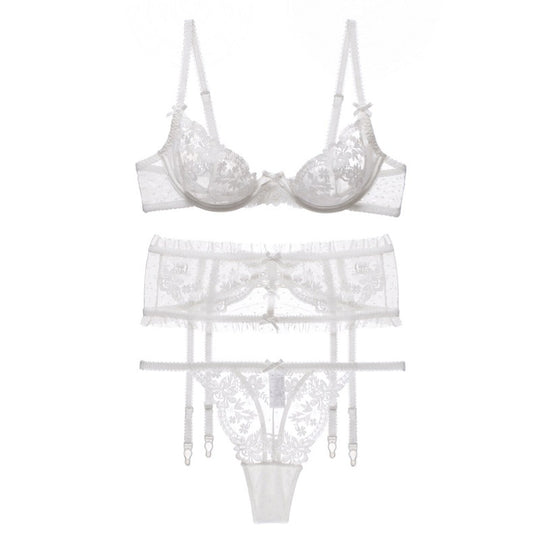 Lace Elegance: Ultra-Thin Floral Embroidered Cutout Bra and Garter Panty Set