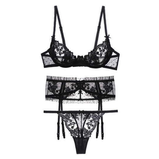 Lace Elegance: Ultra-Thin Floral Embroidered Cutout Bra and Garter Panty Set