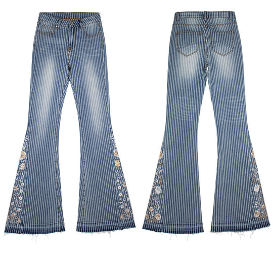 Striped Embroidered Flared Jeans for Women-Slay Eclectic