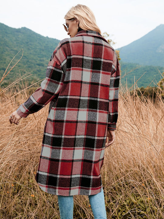 Autumn Winter Women Plaid Trench Coat