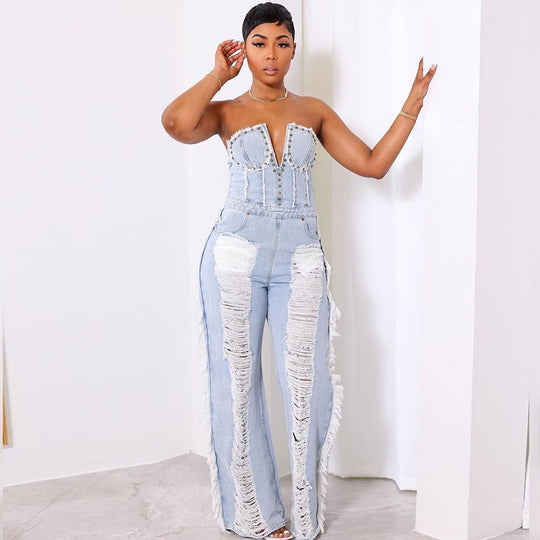 Sizzling Summer Cutout Denim Jumpsuit with Ripped Details for Women-Slay Eclectic