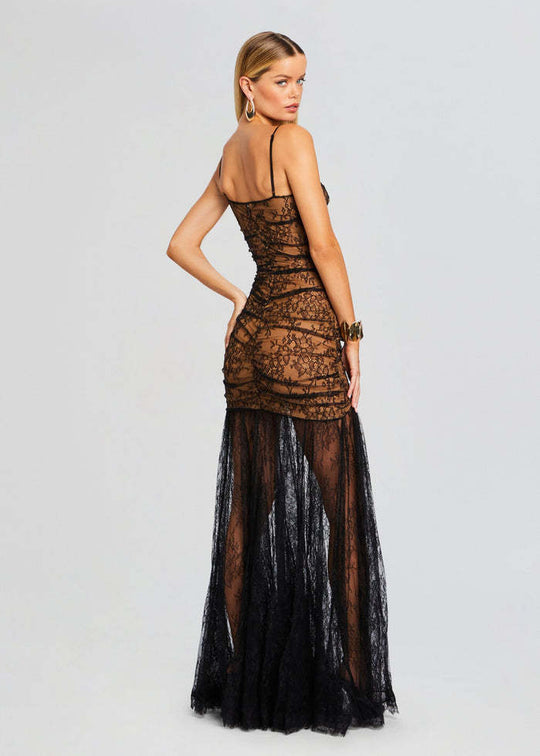 Elegant Black Floral Lace Maxi Dress with Spaghetti Straps for Women