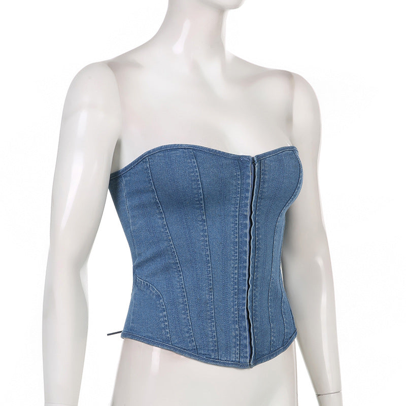 Urban Chic Lace-Up Denim Corset Tube Top for Summer Nights-Slay Eclectic