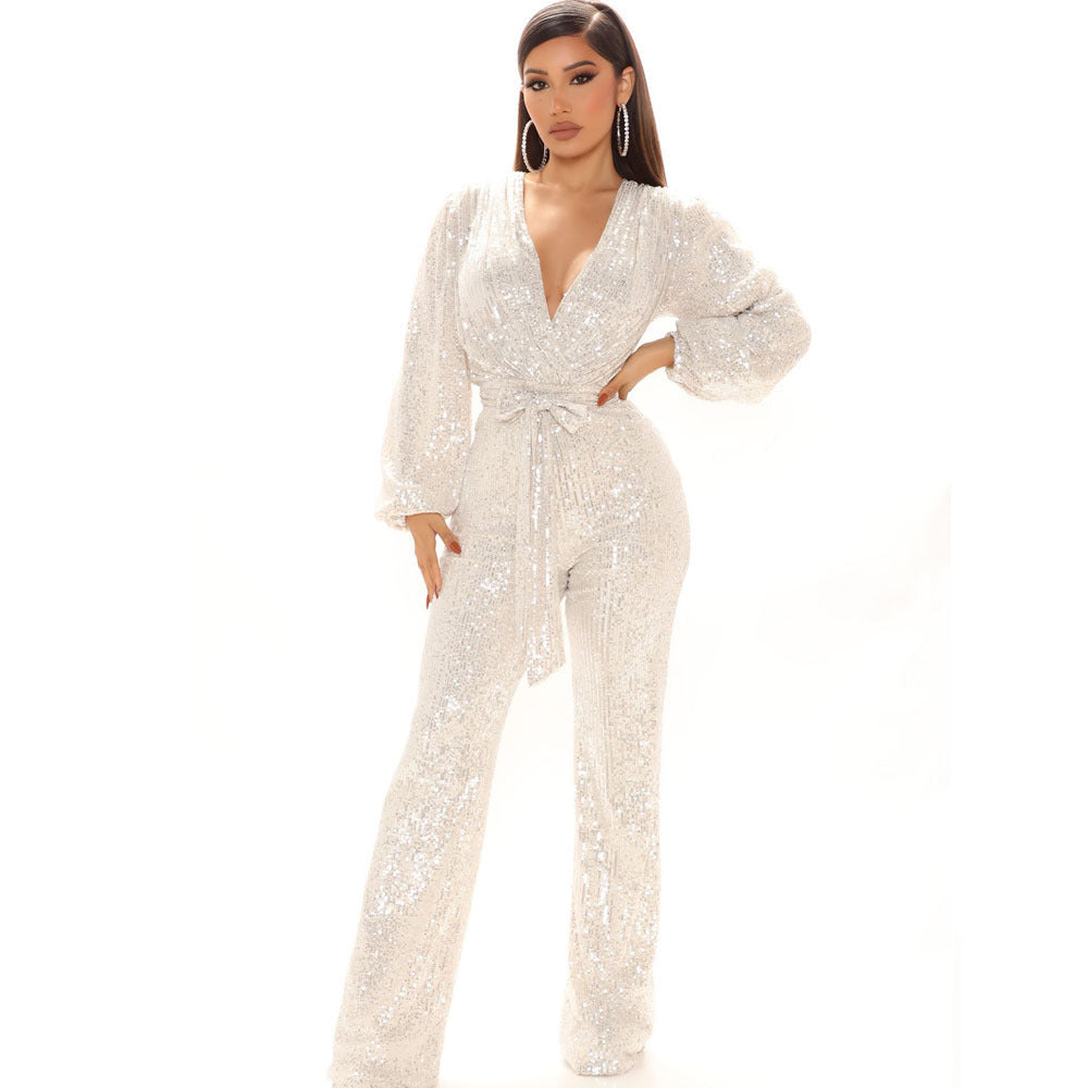 Glam Noir Deep V-Neck Sequin Jumpsuit - White