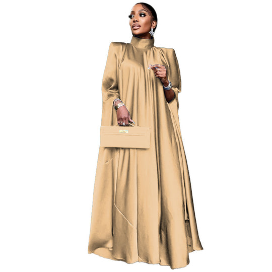 Women Wear High Collar Loose Large Swing Djellaba Satin Dress Women Clothing-Slay Eclectic