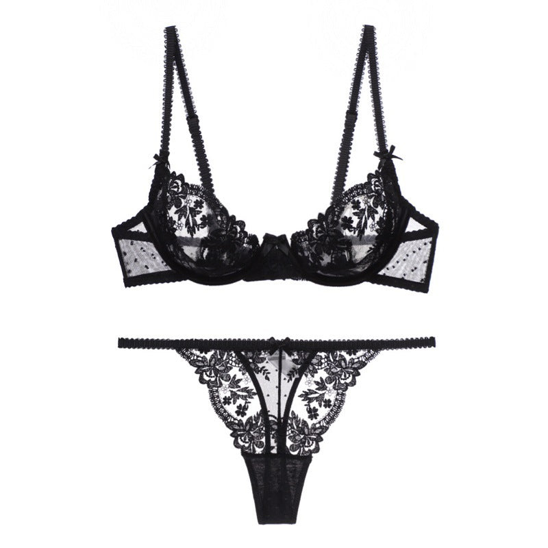 Lace Elegance: Ultra-Thin Floral Embroidered Cutout Bra and Garter Panty Set