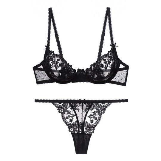 Lace Elegance: Ultra-Thin Floral Embroidered Cutout Bra and Garter Panty Set