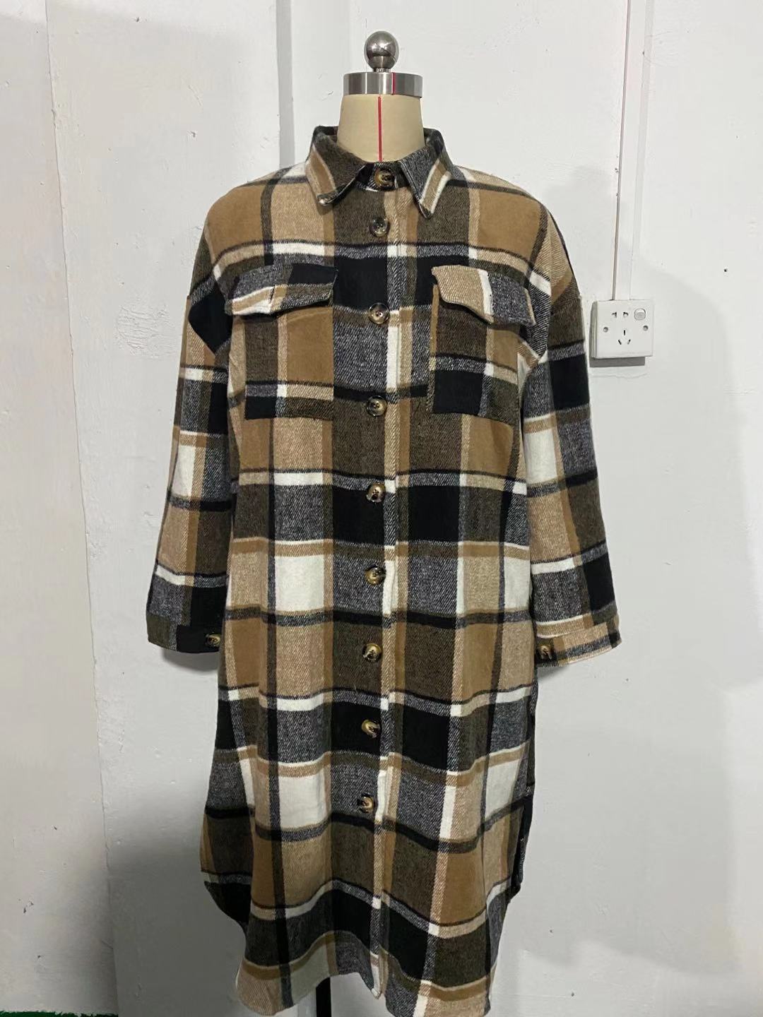 Autumn Winter Women Plaid Trench Coat