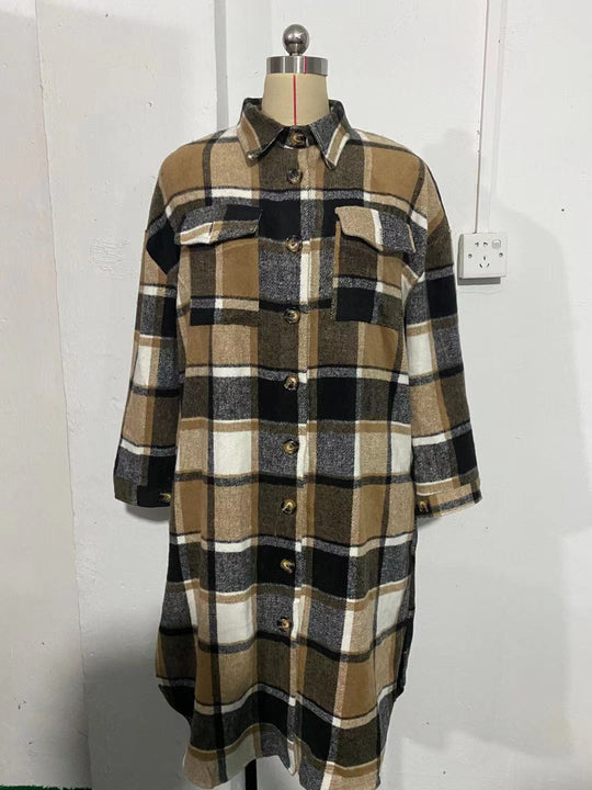 Autumn Winter Women Plaid Trench Coat