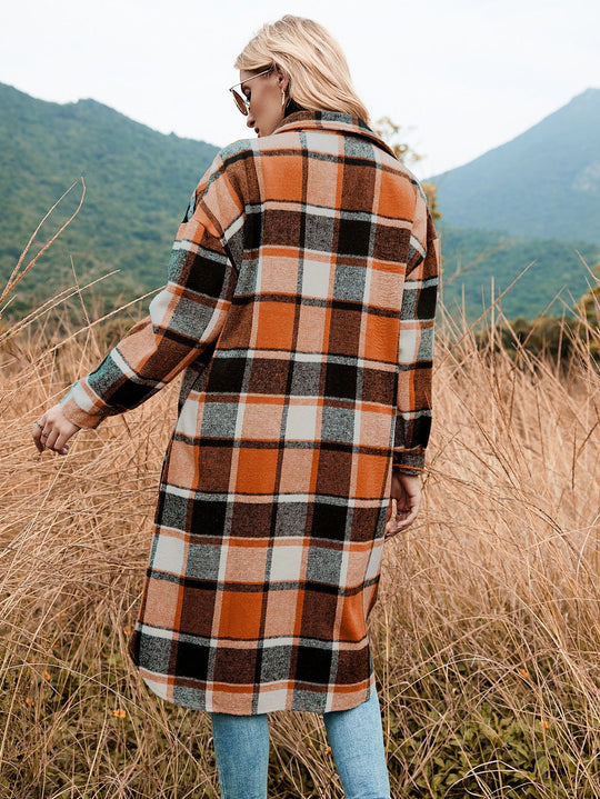 Autumn Winter Women Plaid Trench Coat