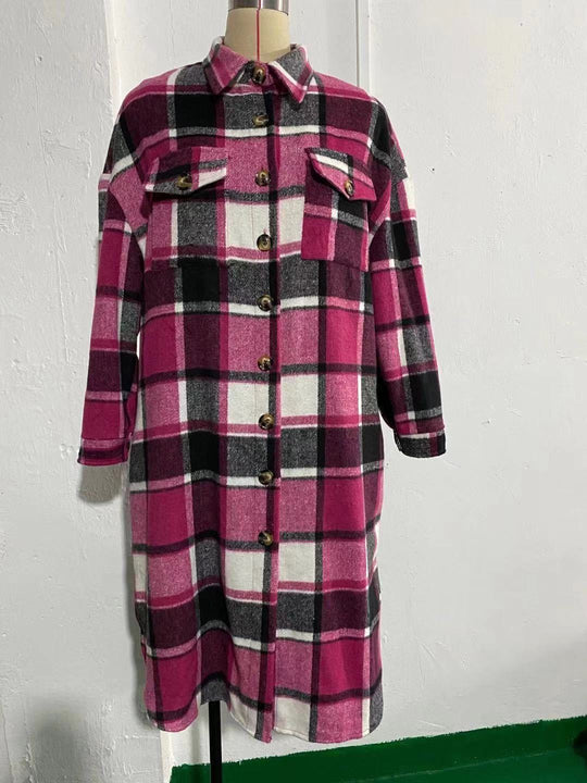 Autumn Winter Women Plaid Trench Coat