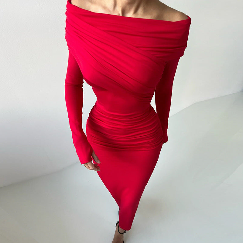 Red Off-Shoulder Long Sleeve Bodycon Dress for Women - Elegant Retro Style-Slay Eclectic