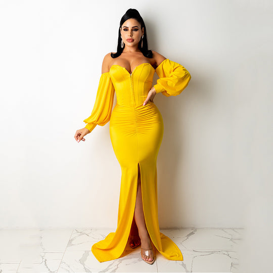 Elegant Off-Shoulder Maxi Dress for Women - Sexy Solid Color Nightclub Style