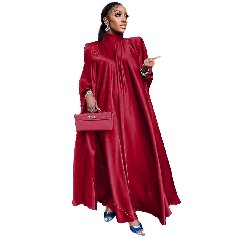 Women Wear High Collar Loose Large Swing Djellaba Satin Dress Women Clothing-Slay Eclectic