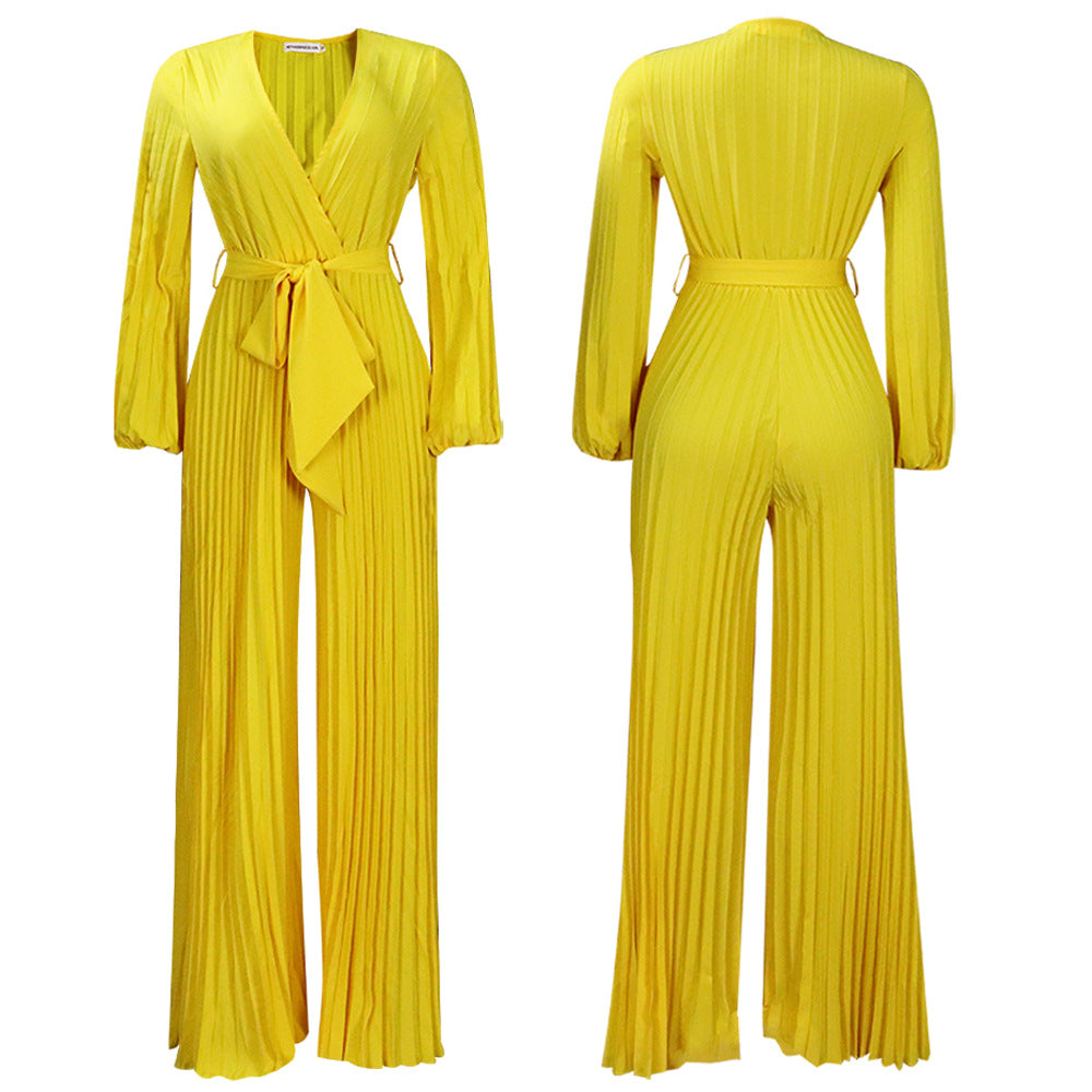 Charm Flare Pleated V-Neck Summer Jumpsuit - Yellow