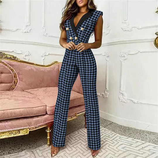 Executive Houndstooth Seductive Business Jumpsuit - Blue