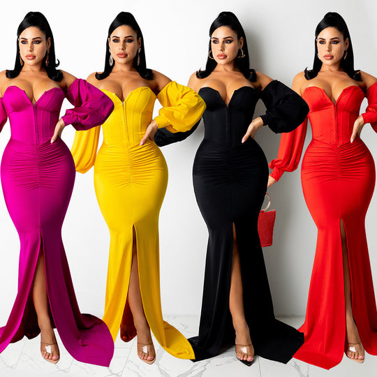 Elegant Off-Shoulder Maxi Dress for Women - Sexy Solid Color Nightclub Style