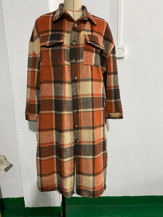 Autumn Winter Women Plaid Trench Coat