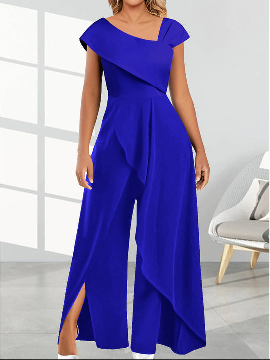 Spring Bloom One-Shoulder Collar Jumpsuit - Royal Blue